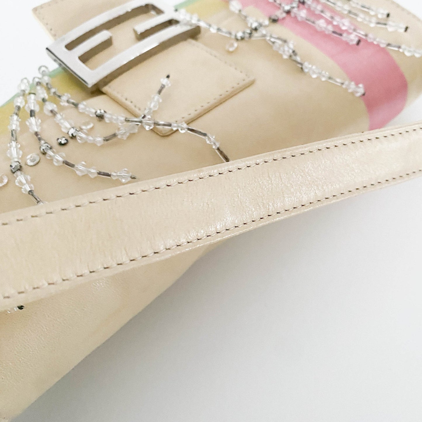 Authentic FENDI Baguette Cream Leather Beads Embroidered Pre-owned