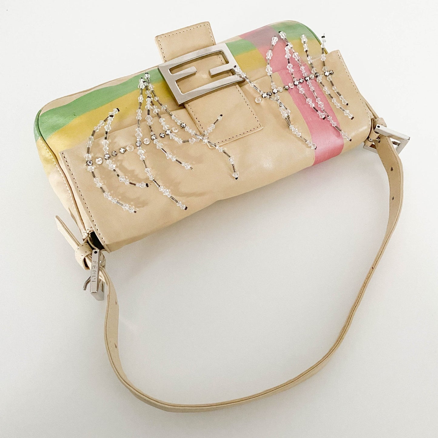 Authentic FENDI Baguette Cream Leather Beads Embroidered Pre-owned