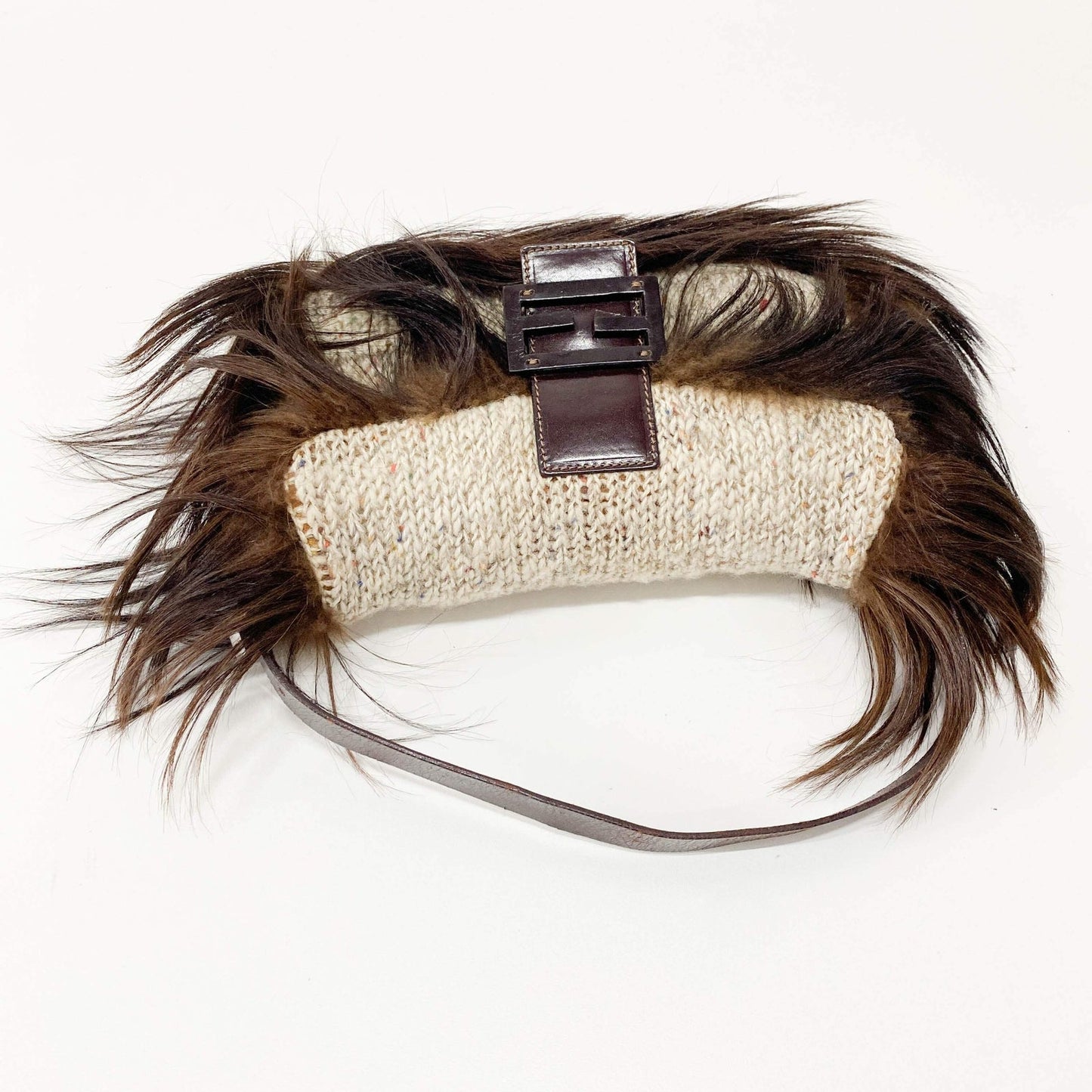 Authentic FENDI Baguette in Beige Wool Knit with Brown Fur Shoulder Bag Pre-owned