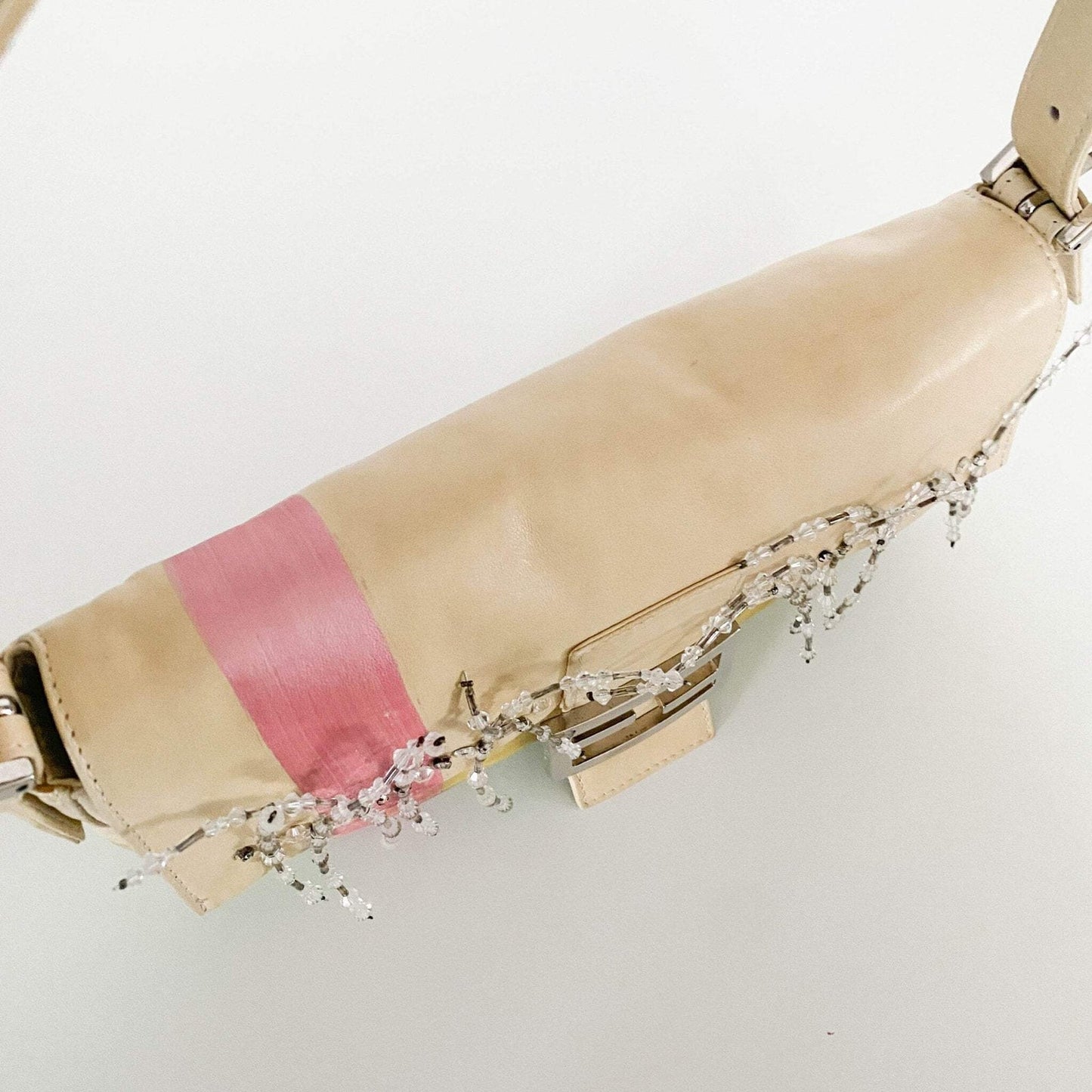 Authentic FENDI Baguette Cream Leather Beads Embroidered Pre-owned