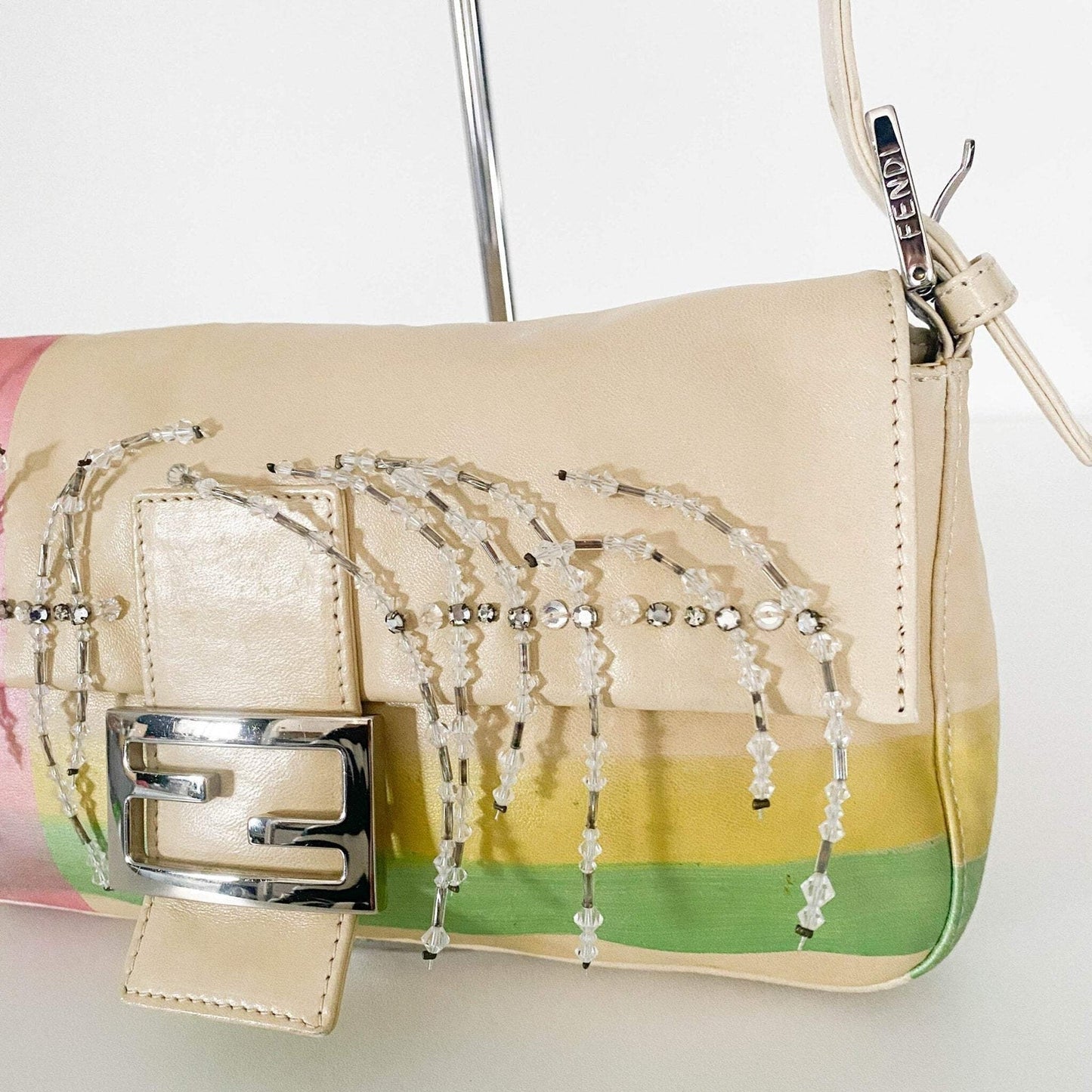 Authentic FENDI Baguette Cream Leather Beads Embroidered Pre-owned