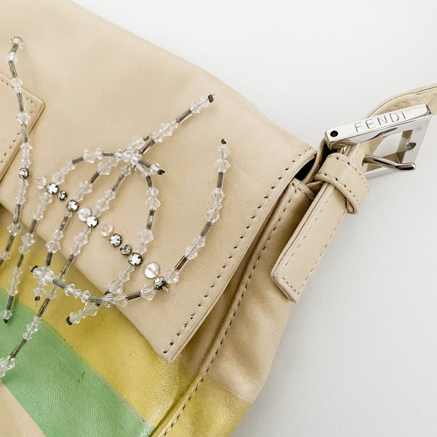 Authentic FENDI Baguette Cream Leather Beads Embroidered Pre-owned