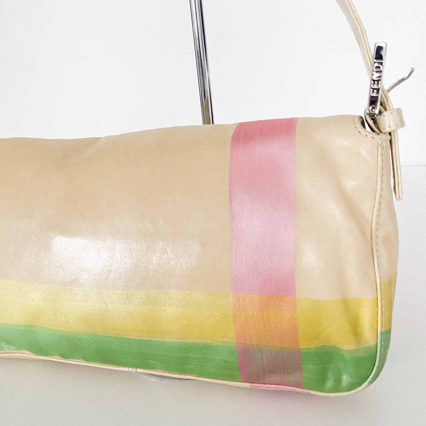 Authentic FENDI Baguette Cream Leather Beads Embroidered Pre-owned