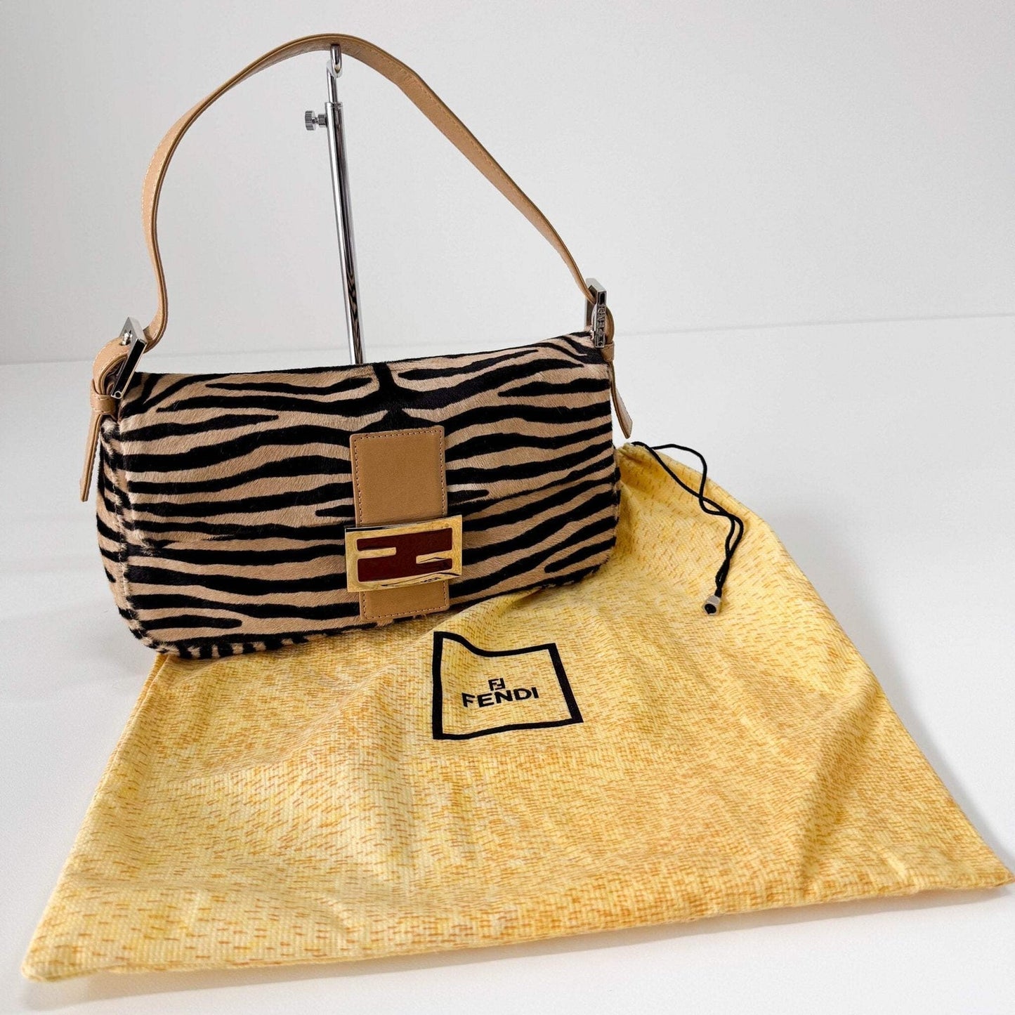Authentic FENDI Baguette in Zebra Printed Pony Hair Shoulder Bag Pre-owned