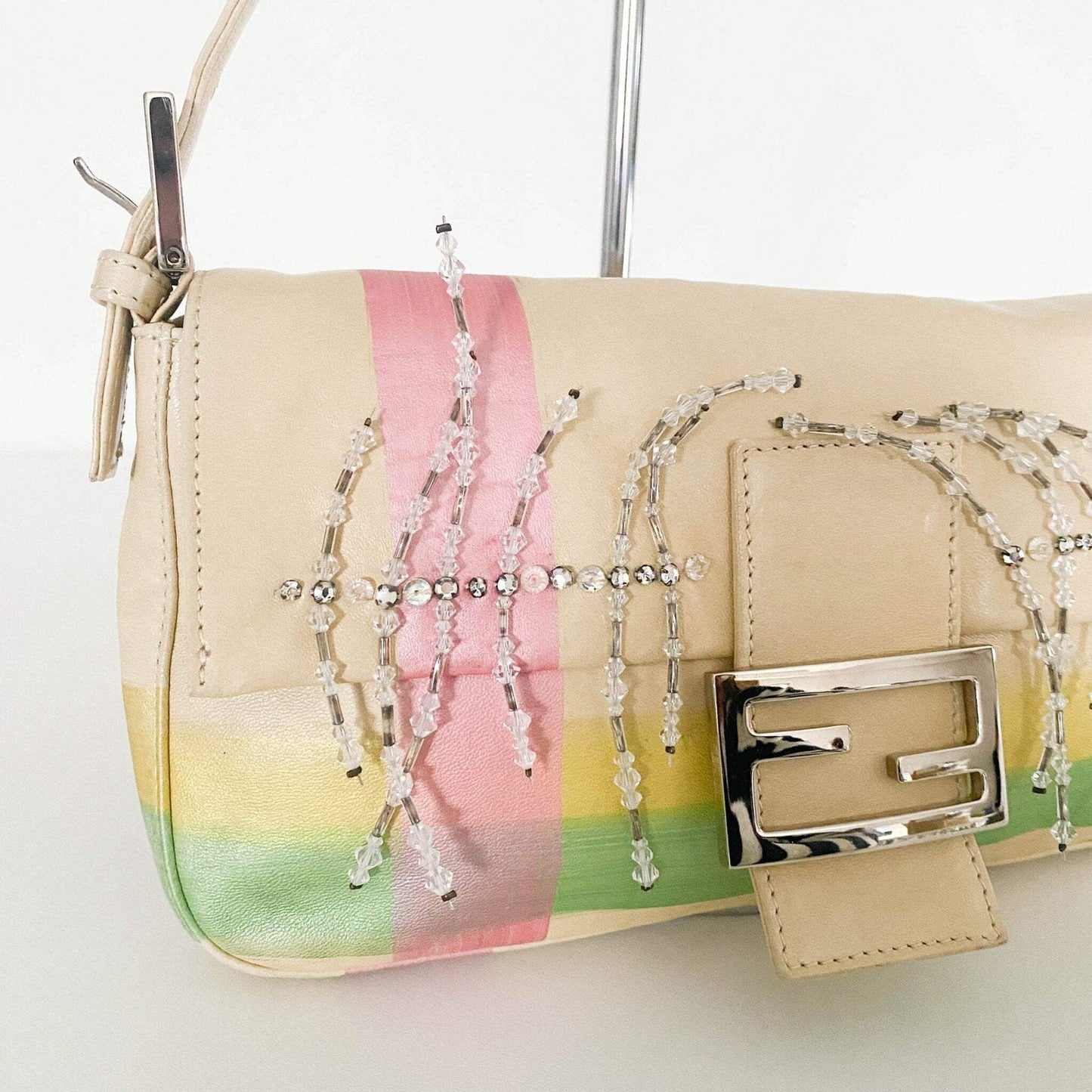 Authentic FENDI Baguette Cream Leather Beads Embroidered Pre-owned
