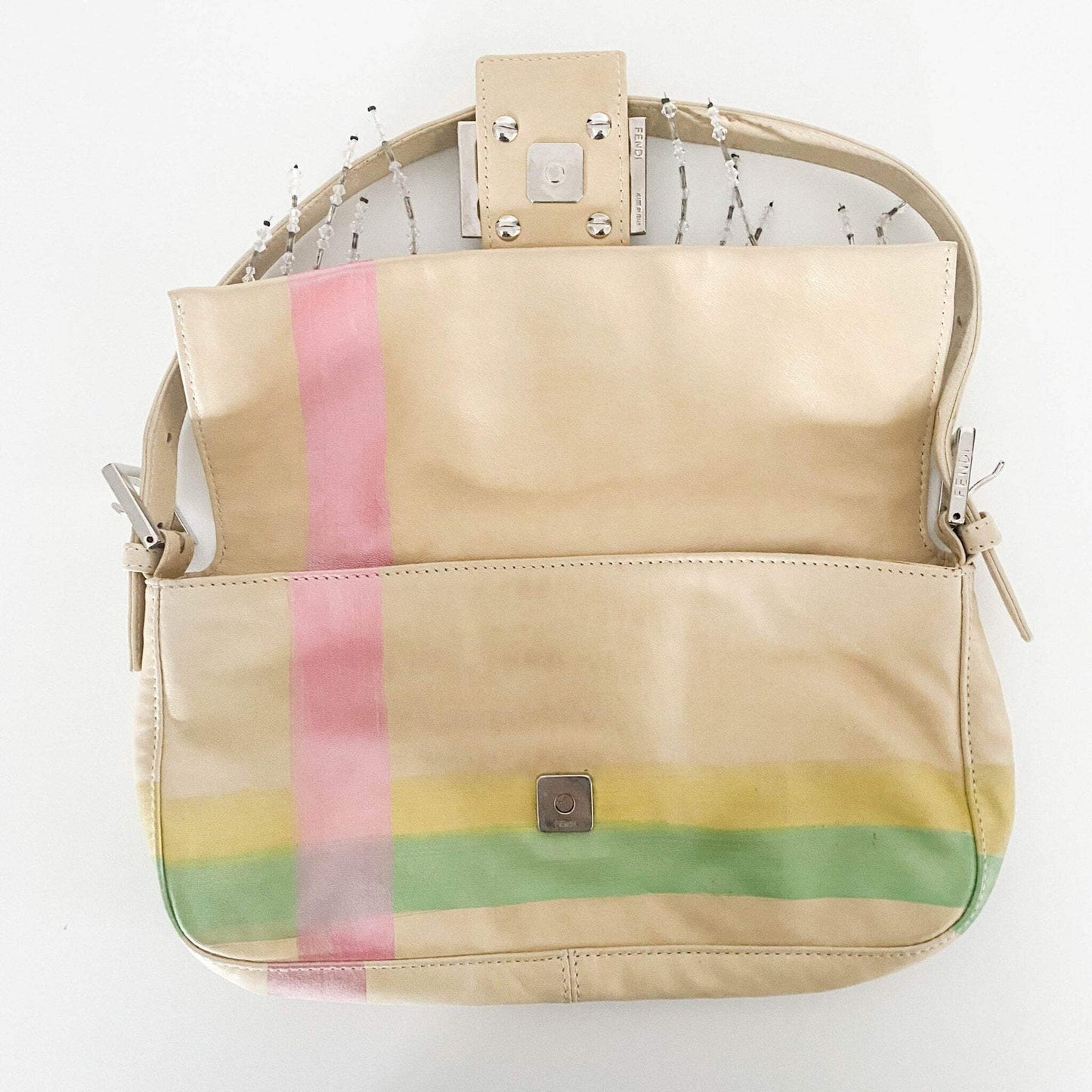 Authentic FENDI Baguette Cream Leather Beads Embroidered Pre-owned