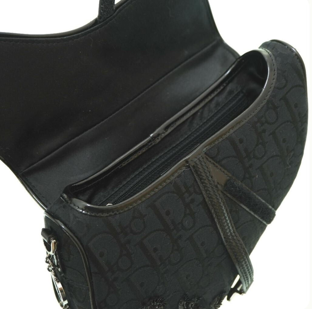 Authentic CHRISTIAN DIOR GALLIANO BLACK NYLON FLORAL BEADED SADDLE BAG MINI Pre-owned