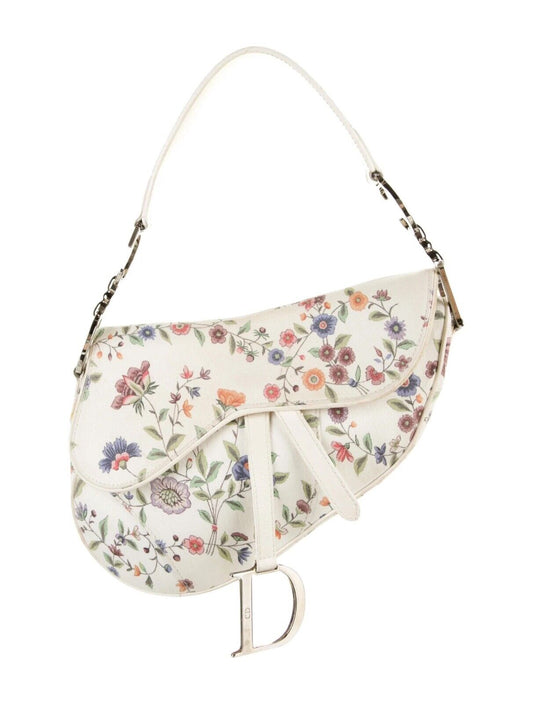 Authentic CHRISTIAN DIOR WHITE CANVAS FLORAL PRINT MINI SADDLE BAG Pre-owned