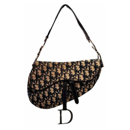 Authentic CHRISTIAN DIOR BEIGE NAVY CANVAS OBLIQUE SADDLE SHOULDER BAG Pre-owned