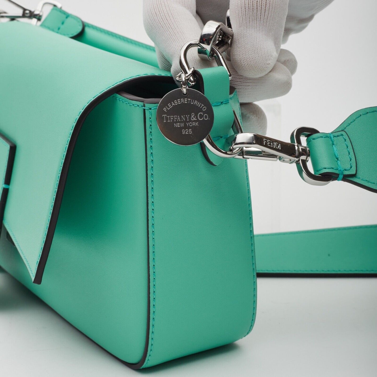 Authentic FENDI X TIFFANY & CO. LEATHER TIFFANY BLUE & SILVER BAGUETTE BAG MED Pre-owned