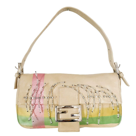 Authentic FENDI Baguette Cream Leather Beads Embroidered Pre-owned