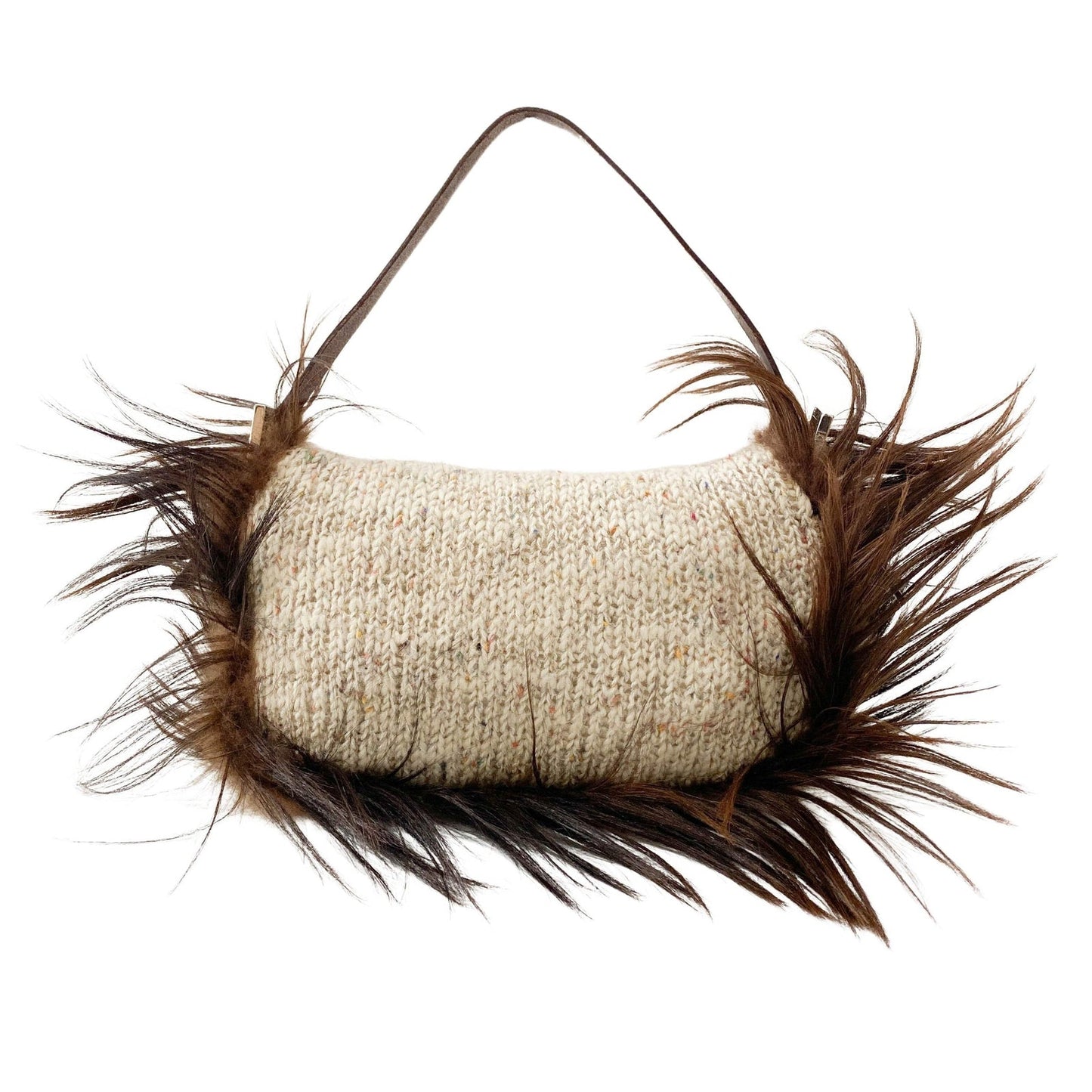 Authentic FENDI Baguette in Beige Wool Knit with Brown Fur Shoulder Bag Pre-owned