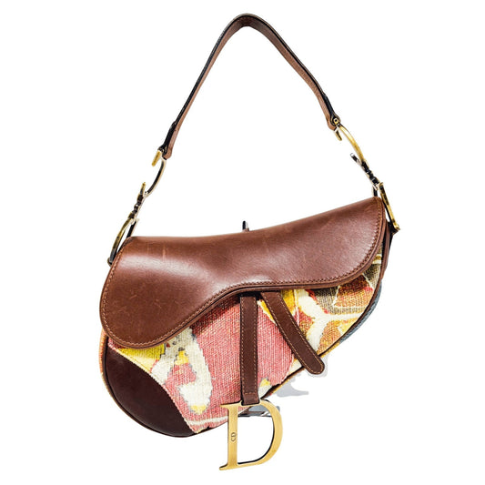 Authentic CHRISTIAN DIOR Saddle Brown Leather Printed Velvet Shoulder Bag Pre-owned