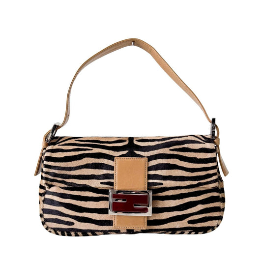 Authentic FENDI Baguette in Zebra Printed Pony Hair Shoulder Bag Pre-owned