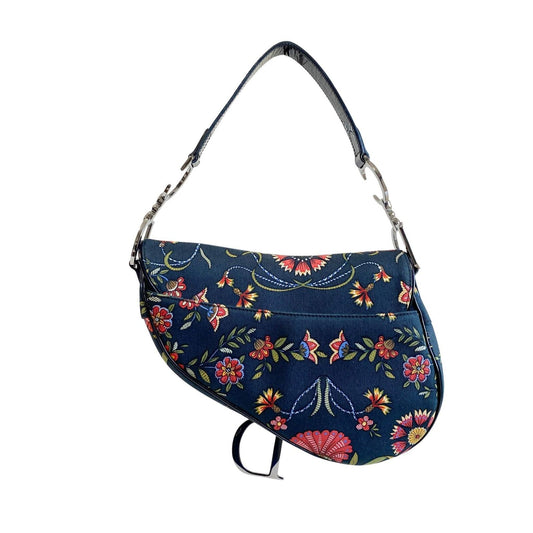 Authentic CHRISTIAN DIOR Flower Print Cotton Canvas Saddle Shoulder Bag Pre-owned