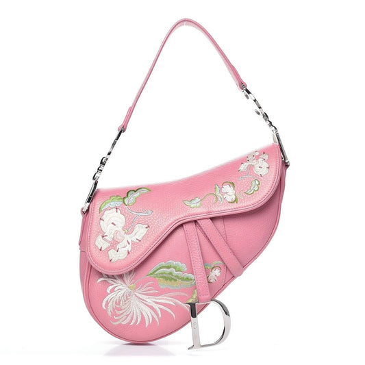 Authentic CHRISTIAN DIOR PINK CALFSKIN EMBROIDERED FLORAL ROMANTIC SADDLE BAG Pre-owned