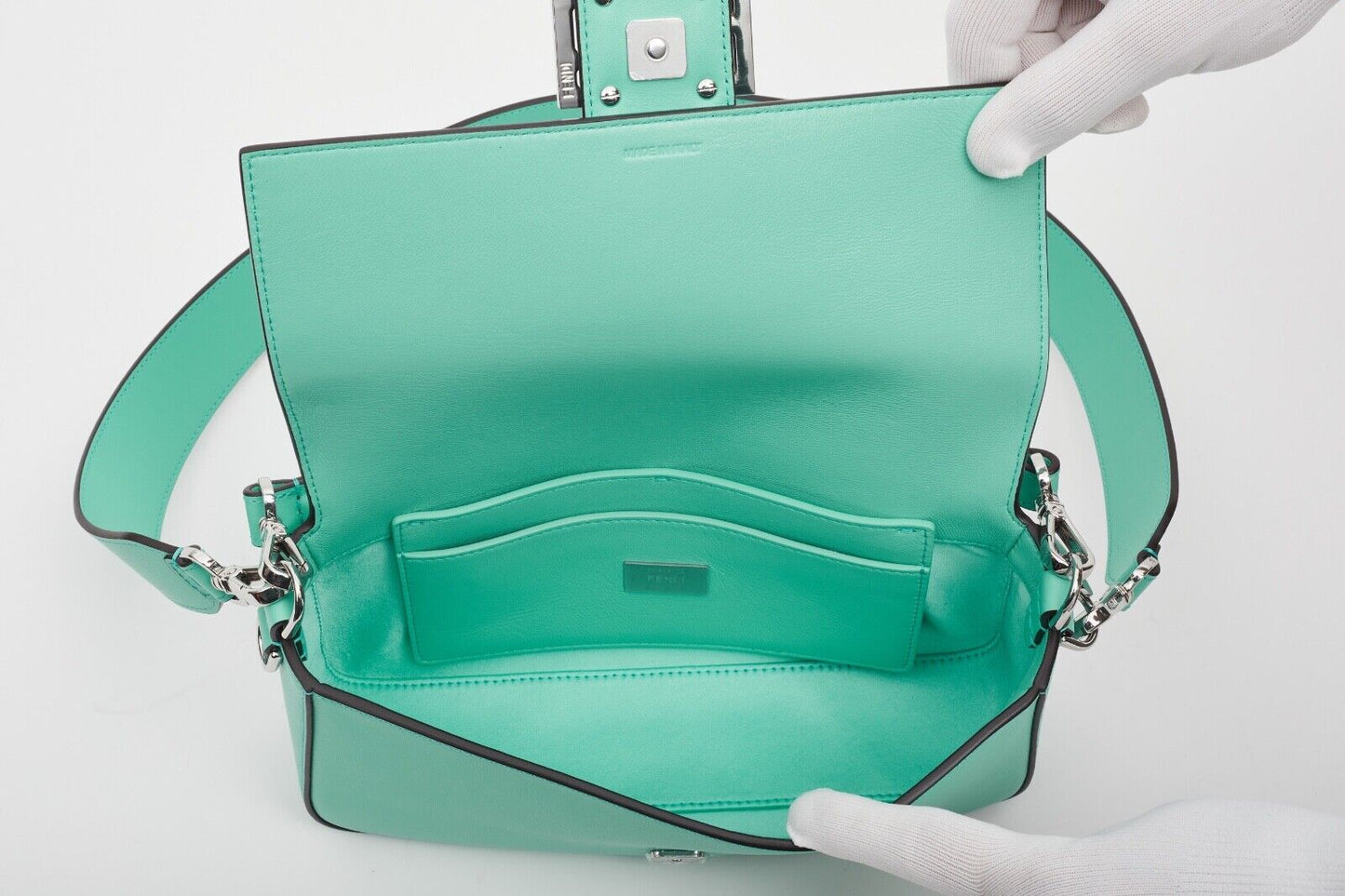 Authentic FENDI X TIFFANY & CO. LEATHER TIFFANY BLUE & SILVER BAGUETTE BAG MED Pre-owned