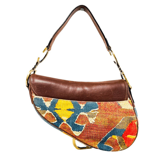 Authentic CHRISTIAN DIOR Saddle Brown Leather Printed Velvet Shoulder Bag Pre-owned