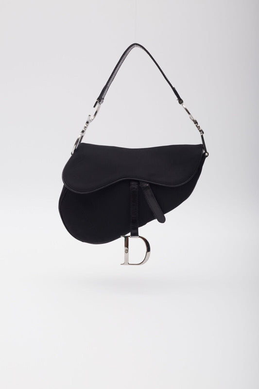 Authentic CHRISTIAN DIOR BLACK NYLON SADDLE BAG Pre-owned