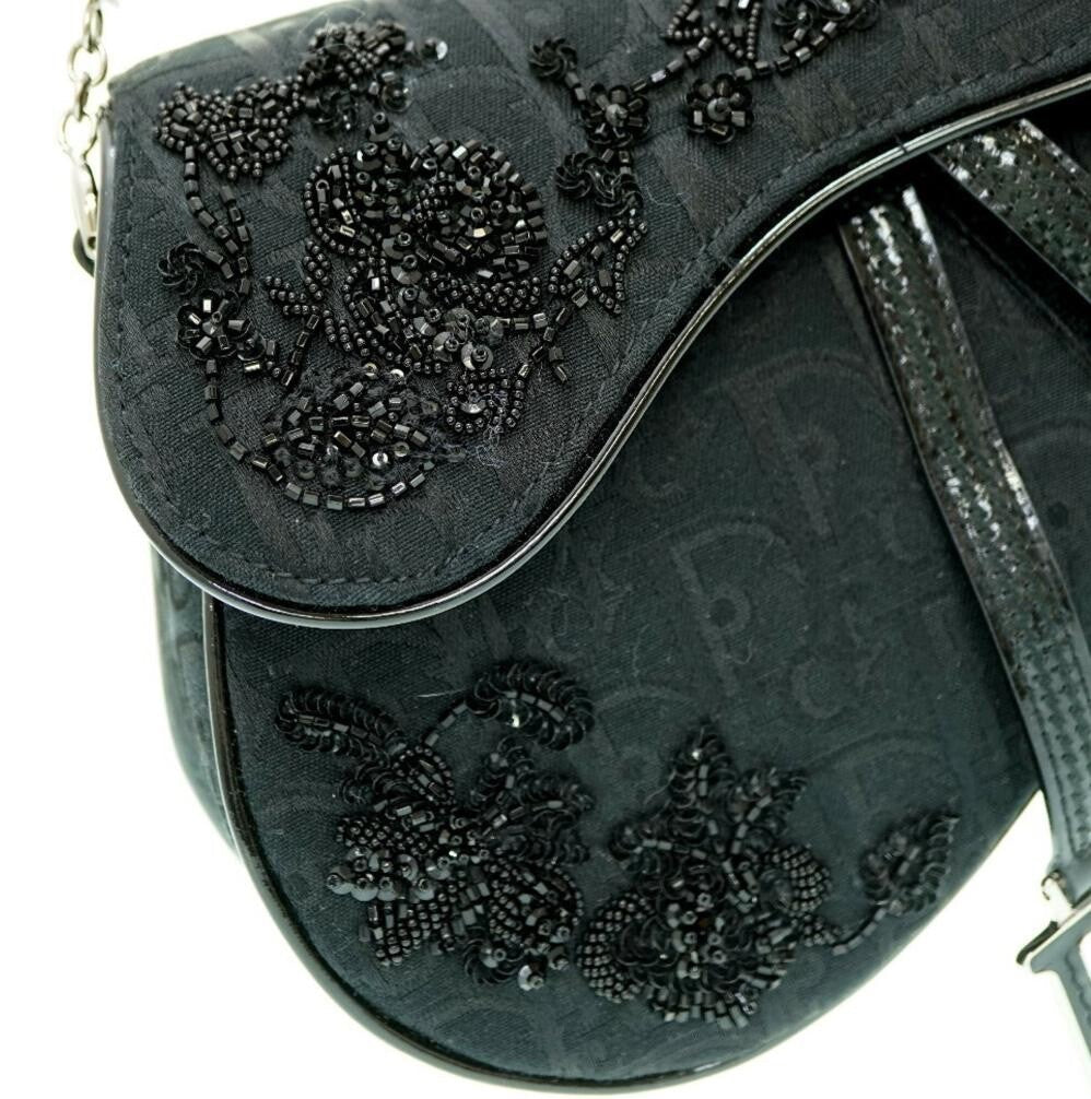 Authentic CHRISTIAN DIOR GALLIANO BLACK NYLON FLORAL BEADED SADDLE BAG MINI Pre-owned