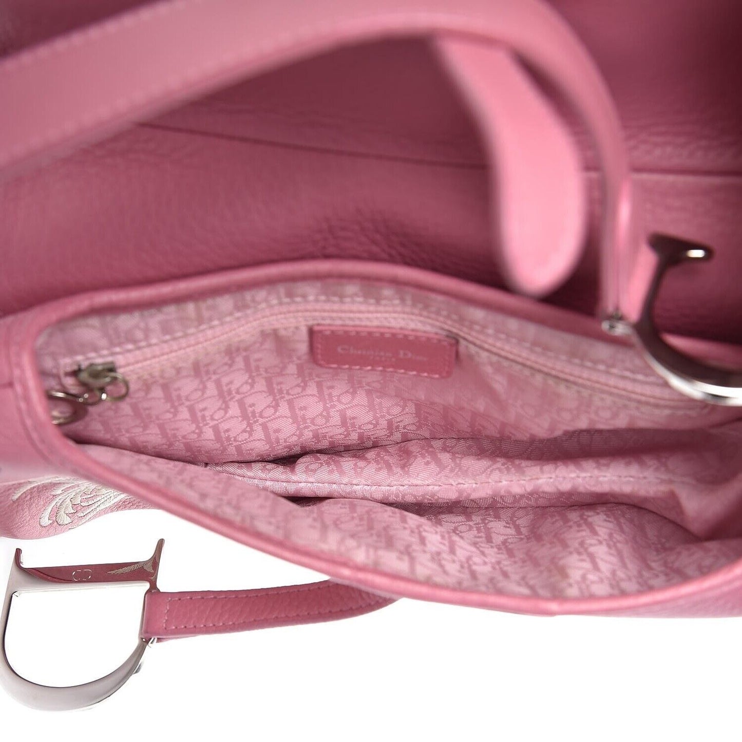 Authentic CHRISTIAN DIOR PINK CALFSKIN EMBROIDERED FLORAL ROMANTIC SADDLE BAG Pre-owned