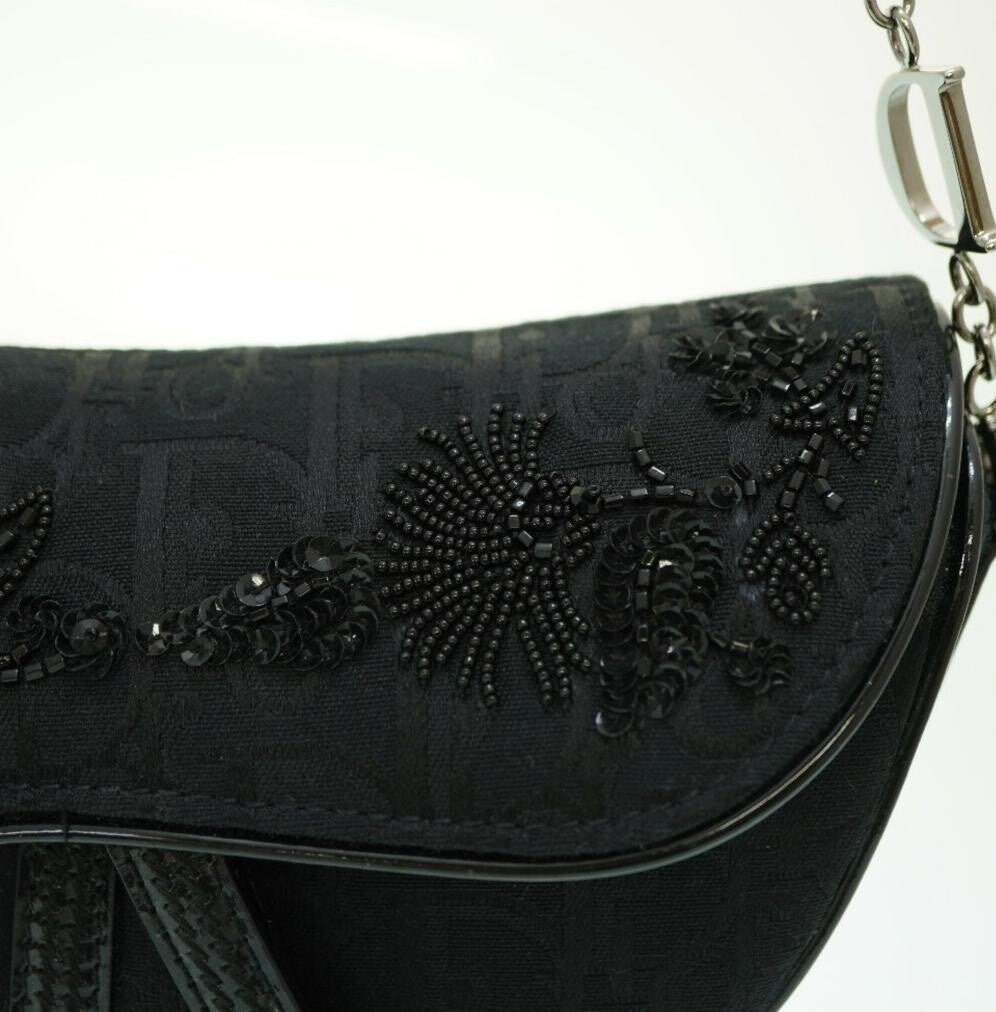 Authentic CHRISTIAN DIOR GALLIANO BLACK NYLON FLORAL BEADED SADDLE BAG MINI Pre-owned