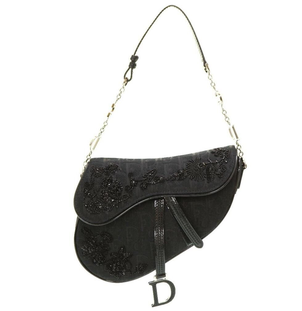 Authentic CHRISTIAN DIOR GALLIANO BLACK NYLON FLORAL BEADED SADDLE BAG MINI Pre-owned