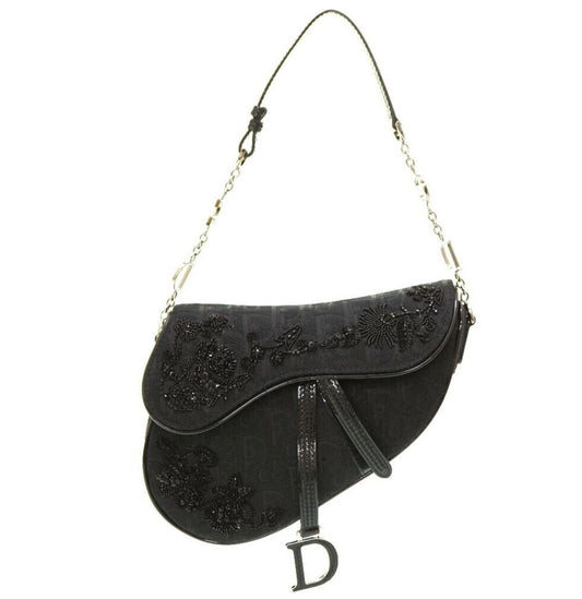 Authentic CHRISTIAN DIOR GALLIANO BLACK NYLON FLORAL BEADED SADDLE BAG MINI Pre-owned