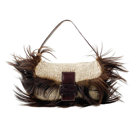 Authentic FENDI Baguette in Beige Wool Knit with Brown Fur Shoulder Bag Pre-owned