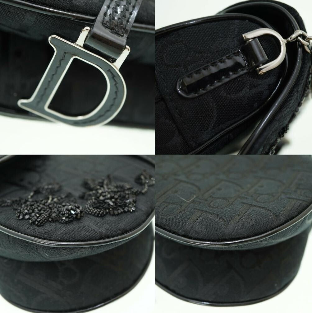 Authentic CHRISTIAN DIOR GALLIANO BLACK NYLON FLORAL BEADED SADDLE BAG MINI Pre-owned